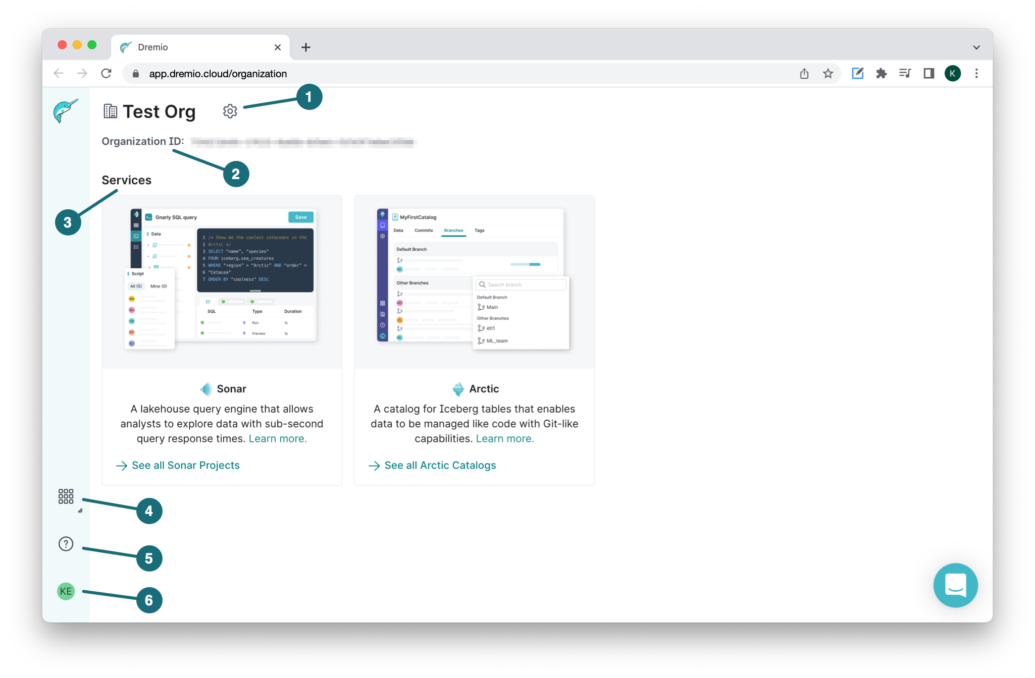 Dremio Cloud organization page. Dremio Cloud organization page.