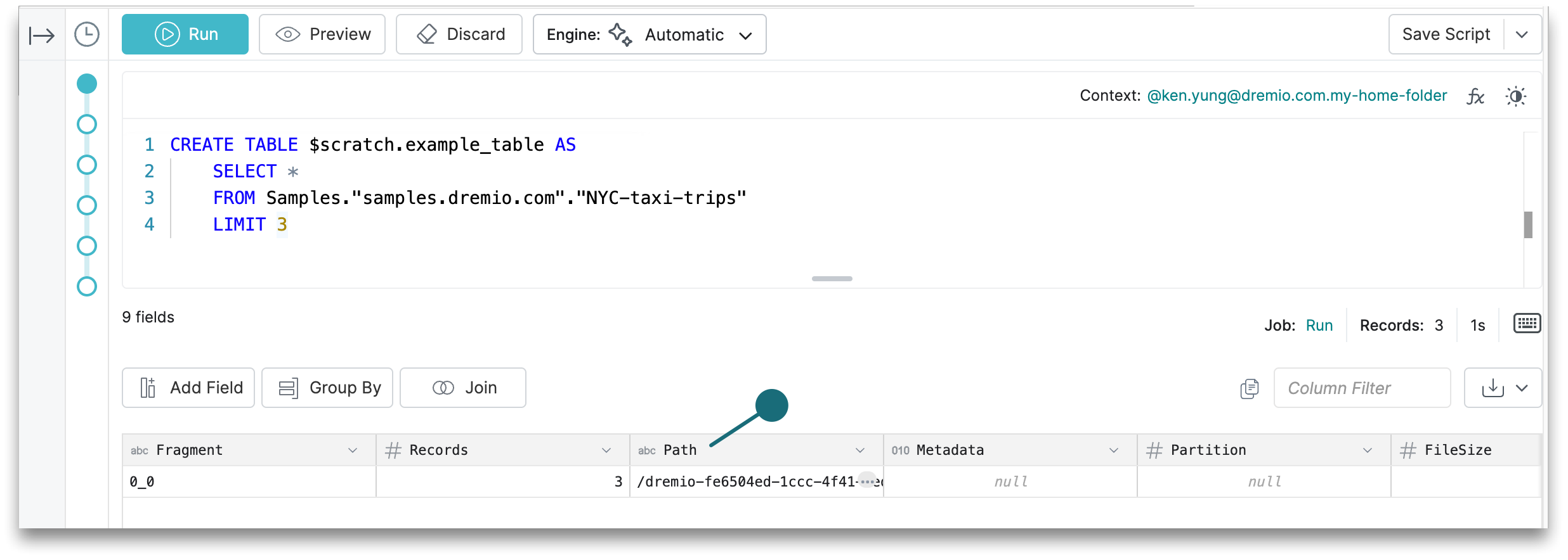 SQL Runner query results showing the path to the scratch directory. SQL Runner query results showing the path to the scratch directory.