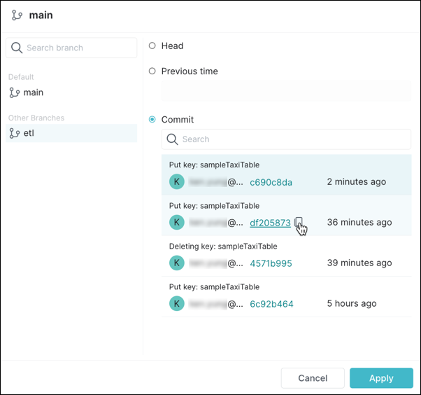 MyTestCatalog dialog box showing available branches.