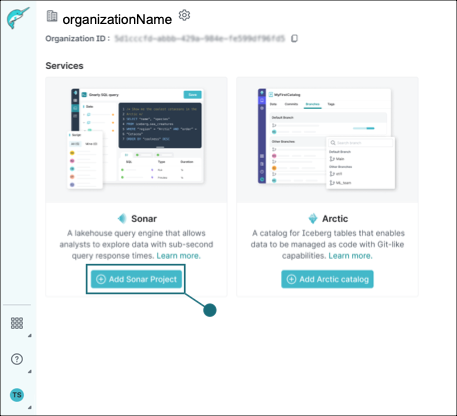 The Dremio Cloud Organization home page highlighting the Add Sonar Project button.