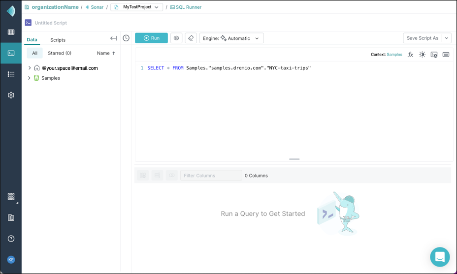 Your first query in the Sonar SQL Runner.