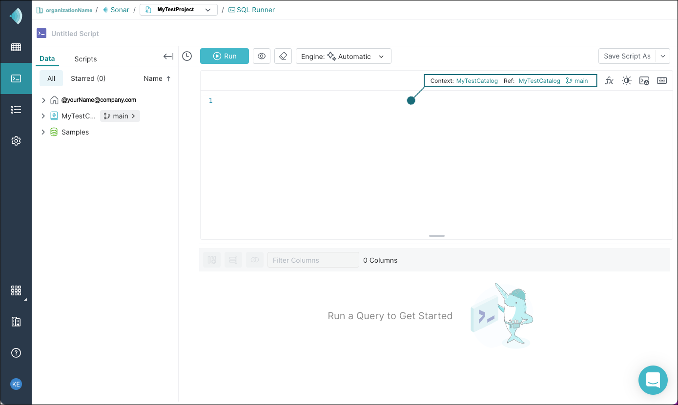 SQL Runner page with the context and reference highlighted.