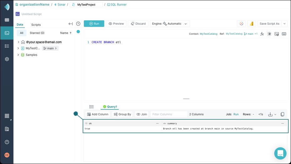 Creating a branch using SQL Runner.