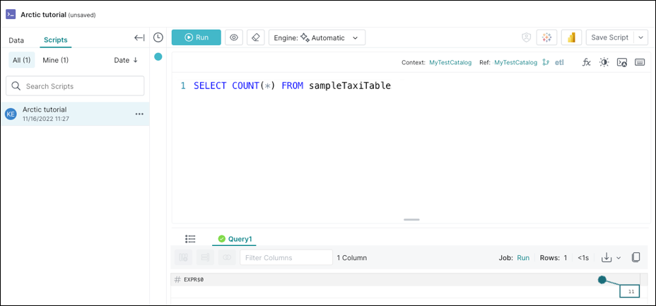 SQL Runner page running a SQL statement to verify that the row has been inserted into the table in the etl branch.