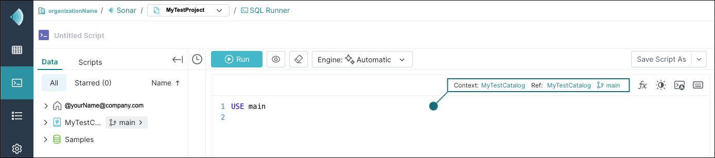 SQL Runner page selecting the branch name in Ref to change the branch reference.