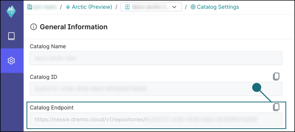 The Arctic catalog's settings page highlighting the catalog endpoint. The Arctic catalog's settings page highlighting the catalog endpoint.