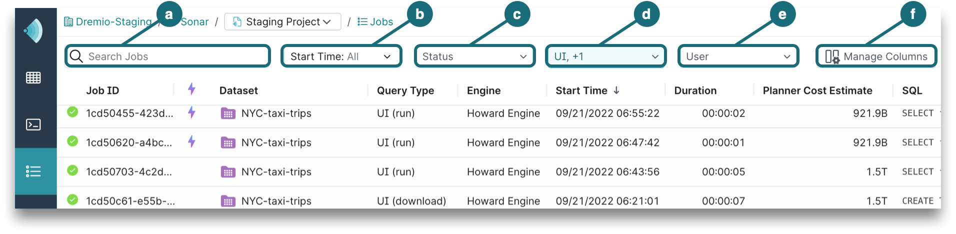 This is a screenshot showing the main components of the Jobs page. This is a screenshot showing the main components of the Jobs page.