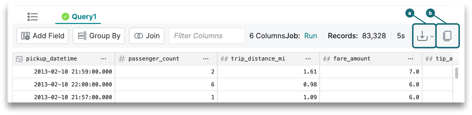 This is a screenshot showing the result set actions on the SQL Runner. This is a screenshot showing the result set actions on the SQL Runner.