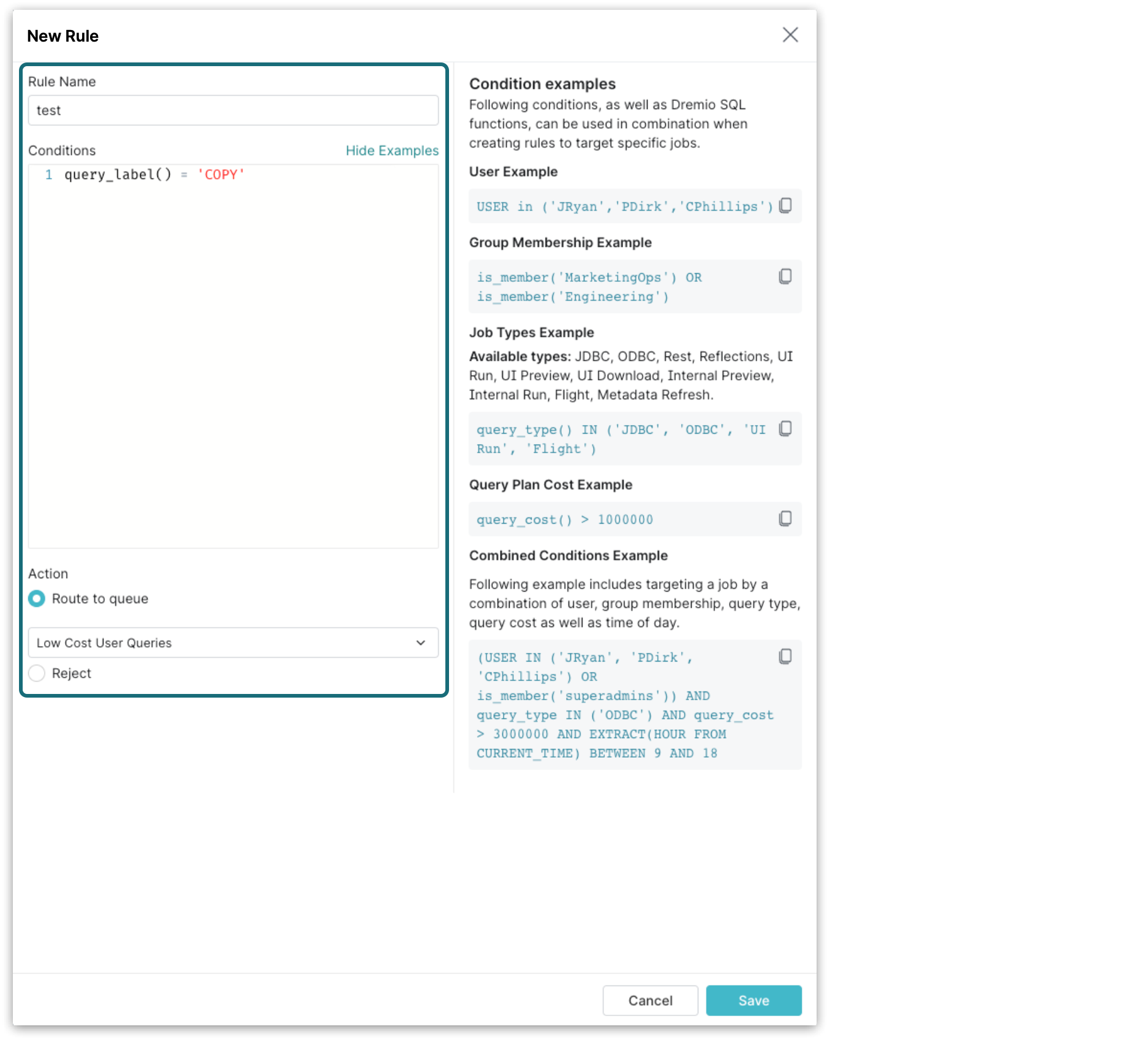 The condition is query_label() = 'COPY', and the queue is Low Cost User Queries. The condition is query_label() = 'COPY', and the queue is Low Cost User Queries.