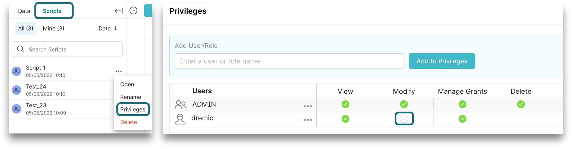 This screenshot is displaying how to add privileges to a saved script. This screenshot is displaying how to add privileges to a saved script.